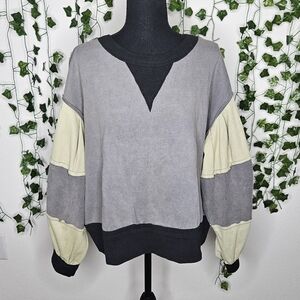 NWOT POL Boho Grey Green Colorblock Oversized Balloon Sleeve Crewneck Pullover